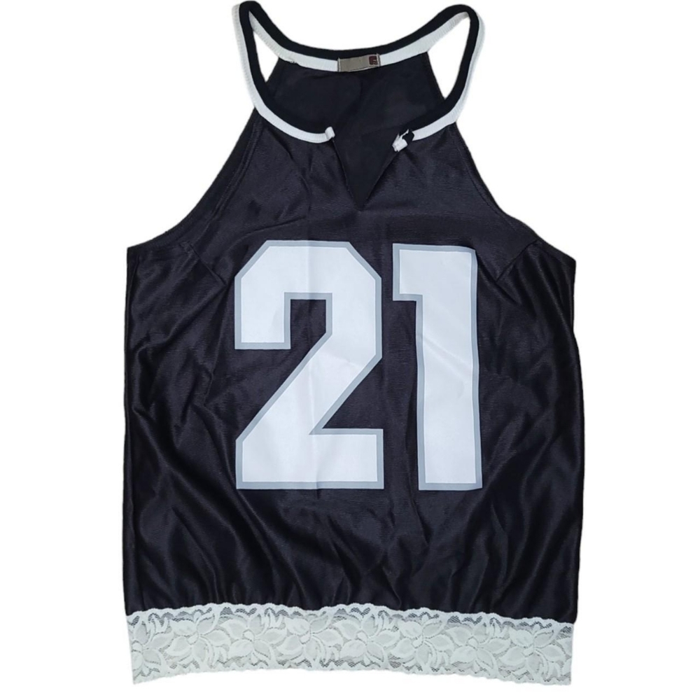 F2i f21 jersey #21 lace trim v cut tank top size medium juniors y2k black white
